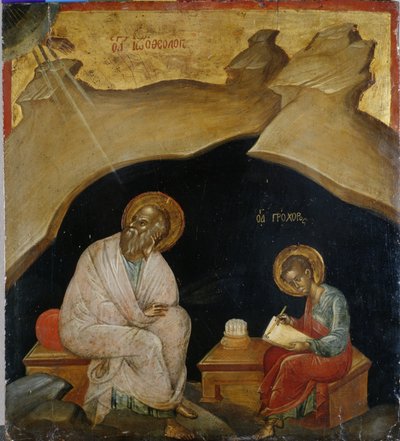 Św. Jan Ewangelista ze swoim skrybą Prochoros (farba błyszcząca na drewnie topoli) autorstwa Greek School