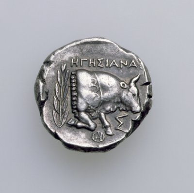 Tetradrachma z Samos, Ionia, przedstawiająca byka, ok. 390 pne (rewers) (srebro) (awers patrz 168076) autorstwa Greek School