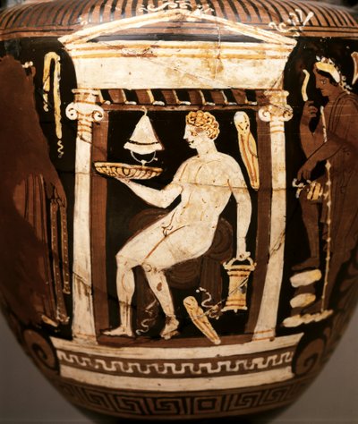 SZTUKA GRECKA: Apulijska czerwona figura volute-krater. Scena pogrzebowa. Wstawka ofiarna..., ok. 330-320 p.n.e. (ceramika) autorstwa Greek School