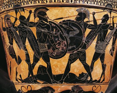 Cywilizacja grecka, ceramika z czarnymi figurami, krater przedstawiający walkę o ciało Patroklosa, z Farsala, Grecja autorstwa Greek School