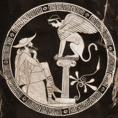 Edyp odpowiada na pytania sfinksa w Tebach, V wpne (ceramika) autorstwa Greek School