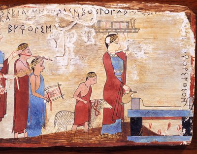Scena przedstawiająca ofiarę, malowana tabliczka z Pitsa, Grecja, cywilizacja grecka, VI wiek pne autorstwa Greek School
