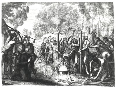 Śmierć niektórych ojców jezuitów w Nouvelle-France, z „Historiae Canadensis” Francois Ducreux, opublikowanej w 1664 r. autorstwa Gregoire Huret