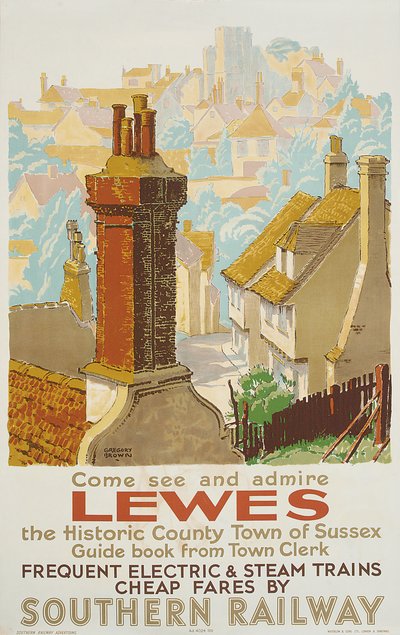 Lewes, plakat reklamujący Southern Railway (kolor lito) autorstwa F. Gregory Brown