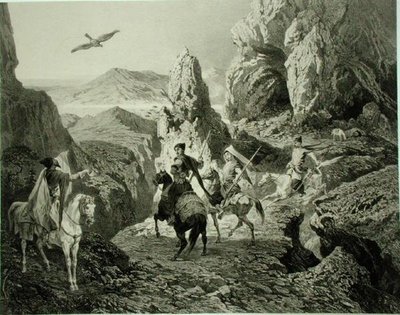Polowanie na sokoła koło Erewania, Armenia, tablica 20 z księgi o Kaukazie, rytowana przez Eugene Ciceri (1813-90) i Adolphe Jean-Baptiste Bayot (1810-66), wyd. Alfred Leon Lemercier, Paryż autorstwa Grigori Grigorevich (after) Gagarin