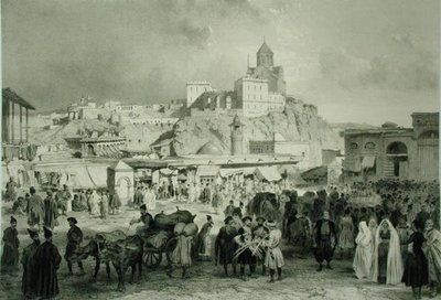 Bazar na Majdan Square, Tiflis, Georgia, płyta 25 z księgi o Kaukazie, rytowana przez Adolphe Jean-Baptiste Bayot (1810-66) i Eugene Ciceri (1813-90), wyd. Alfred Leon Lemercier, Paryż autorstwa Grigori Grigorevich (after) Gagarin