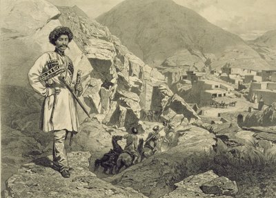 Przyjazd do Tsatanykh, Dagestan, tablica 12 z księgi o Kaukazie, sztychowanej przez Julesa Didiera (1831-92), wyd. Alfred Leon Lemercier, Paryż, 1847 autorstwa Grigori Grigorevich Gagarin