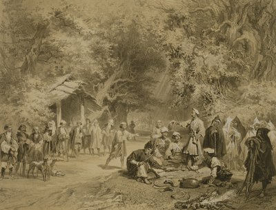 Koniec polowania, Mingrelia, tablica 6 z księgi o Kaukazie, sztychowana przez Adolphe Mouillerona (1820-81) wydana przez Alfreda Leona Lemerciera, Paryż, 1847 autorstwa Grigori Grigorevich Gagarin