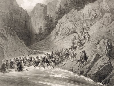Tcherkersseians podczas najazdu w pobliżu Morza Czarnego, płyta 4, z księgi o Kaukazie, rytowanej przez Eugene Ciceri (1813-90) i Adolphe Jean-Baptiste Bayot (1810-66), wydanej przez Alfreda Leona Lemerciera, P. autorstwa Grigori Grigorevich Gagarin