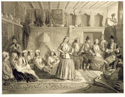 Pokój Wypoczynkowy przy Łaźniach w Szemakze, na Stepie Szyrwanskim, tablica 40 z księgi o Kaukazie, rytowana przez Charles Claude Bachelier i Adolphe Bayot (1810-66) wyd. Alfred Leon Lemerci autorstwa Grigori Grigorevich Gagarin