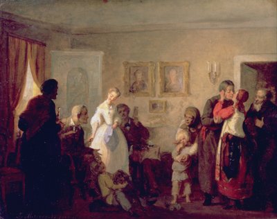 Gratulacje nowożeńców w dworku, 1860 autorstwa Grigori Grigorievich Mjasoedov