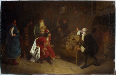 Dziadek floty rosyjskiej. (Dziadek Floty Rosyjskiej). Scena z dzieciństwa Piotra I Wielkiego (1672-1725), w domu swojego dziadka Nikity Romanowa (?) odkrył angielski kajak, z którego zrodził się jego zamiłowanie do żeglugi. Namalowany autorstwa Grigori Grigoryevich Myasoedov