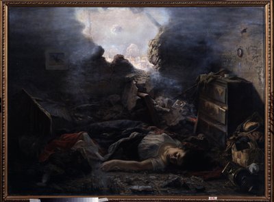 Oblężenie Sewastopola (Ukraina) (Oblężenie Sewastopola). Opis okrucieństw wojny krymskiej (1853-1856), podczas epizodu oblężenia Sewastopola w 1854 roku. Zwłoki kobiety i jej dziecka leżą na podłodze ich domu z rozdartą ścianą autorstwa Grigori Grigoryevich Myasoedov
