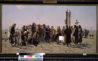 Rosyjscy chłopi i prawosławny ksiądz modlący się w czasie suszy. (Modlitwa podczas suszy). Obraz Grigorija (Grigoriy, Grigory) Grigoryevich Myasoyedov (Myasoedov, Miasoedov) (1834-1911) autorstwa Grigori Grigoryevich Myasoedov