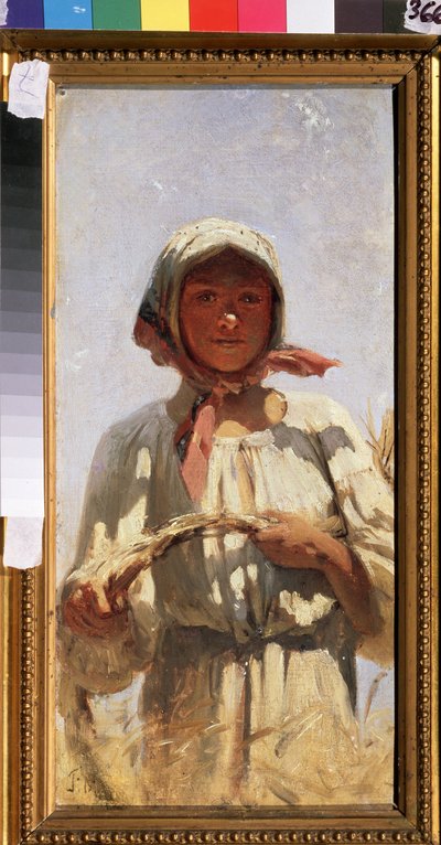 Żniwiarz. Portret młodej chłopki w tradycyjnym stroju, w polu pszenicy w środku lata na żniwa. Obraz Grigorija (Grigoriy, Grigory) Grigoryevich Myasoyedov (Myasoedov, Miasoedov) (1834-1911), olej na płótnie. sztuka rui autorstwa Grigori Grigoryevich Myasoedov