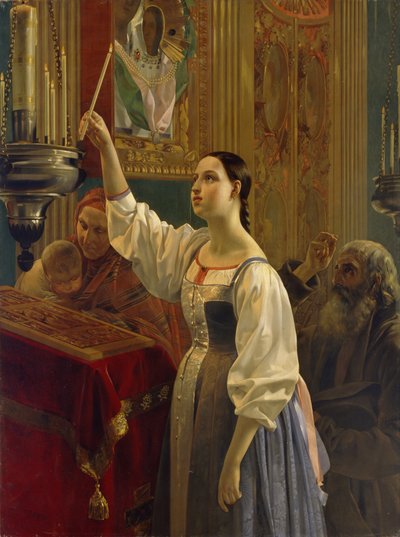 Dziewczyna postawiła świecę przed ikoną, 1842 autorstwa Grigori Karpovich Mikhaylov