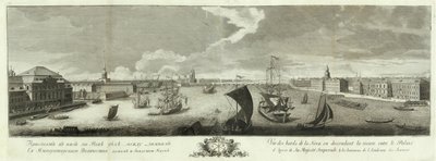 Widok na Newę w dole rzeki między Pałacem Zimowym a Akademią Nauk Księga do 50-lecia Petersburga, 1753 autorstwa Grigory Anikeevich Kachalov