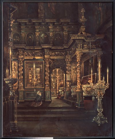 W katedrze Wniebowzięcia Najświętszej Maryi Panny w Rostowie (W katedrze Wniebowzięcia Najświętszej Maryi Panny w Rostowie) - Obraz Grigorija Wasiljewicza Jurowa (?-po 1896), olej na płótnie autorstwa Grigory Vasilievich Yurov