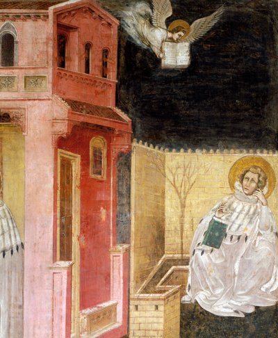 Objawienie anioła, fragment Wizji św. Augustyna, scena z Opowieści św. Filipa i św. Włochy autorstwa Guariento di Arpo