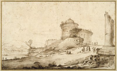 Pejzaż ze złamaną kolumną, zamkiem i licznymi postaciami na pierwszym planie po prawej (pióro i atrament na papierze) autorstwa Guercino