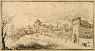Krajobraz ze stróżówką z blankami i krętą drogą (pióro i atrament na papierze) autorstwa Guercino