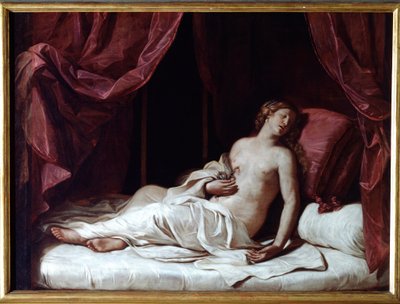 Śmierć królowej Kleopatry Samobójstwo Kleopatry VII Thea Philopator (69-30 pne), królowa starożytnego Egiptu - (śmierć królowej Kleopatry) Obraz Guercino (Giovan Francesco Barbieri) (Guerchin) (1591-1666) 1648 Dim 173x237 cm Geny, Musei di Strada autorstwa Guercino