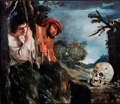 Pasterze Arcadia Men wokół grobowca na greckiej wyspie Peloponez. Obraz (Vanita) Giovanniego Francesco Barbieri Guerchin dit Il Guercino (1591-1666) 1618 wokół Rzymu, Galleria Corsini autorstwa Guercino
