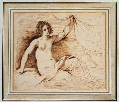 Leżąca naga kobieta podnosząca zasłonę autorstwa Guercino