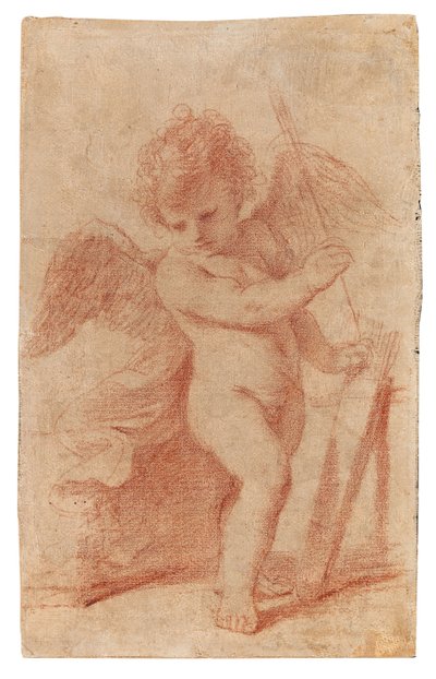 Kupidyn odkłada strzałę w kołczanie. autorstwa Guercino