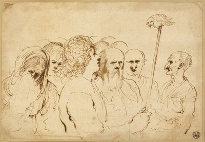 Grupa figurek z sową na słupie autorstwa Guercino