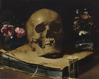 Guercino - Martwa natura vanitas z czaszką na szczycie książki, klepsydrą i dwoma szklanymi wazonami z kwiatami autorstwa Guercino