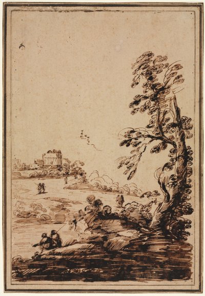 Krajobraz z małą grupą budynków, druga połowa XVIII wieku. autorstwa Guercino