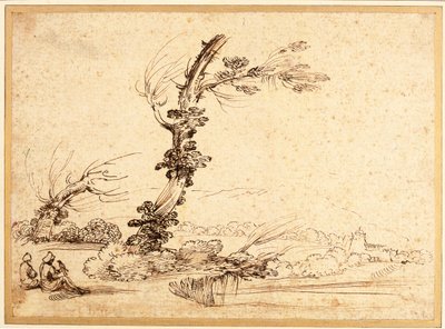 Krajobraz z sokolnikami przy drzewie autorstwa Guercino