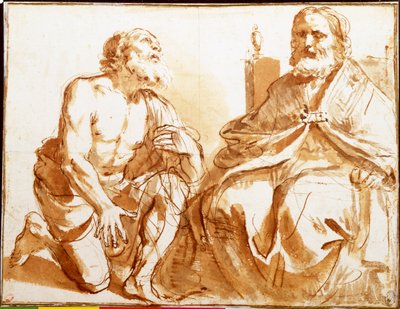 Siedzący biskup i klęczący Saint autorstwa Guercino