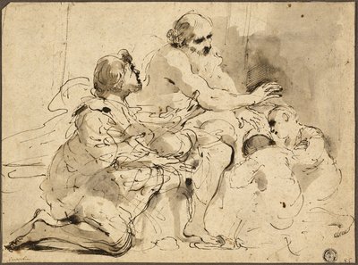 Studium dla Jakuba Błogosławiącego Synów Józefa (recto); Szkice: Święty Krzysztof; Dwie postacie w rozmowie o pieniądzach (verso) autorstwa Guercino
