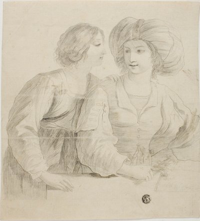 Dwie młode kobiety, jedna w turbanie, w rozmowie autorstwa Guercino