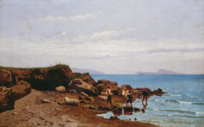 Rybacy na wybrzeżu Neapolu, z wyspą Capri w tle, Guglielmo Ciardi (1842-1917), olej na płótnie, 47,5x76,5 cm autorstwa Guglielmo Ciardi