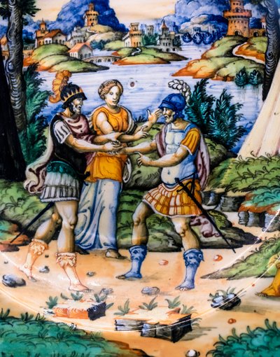 Naczynie: Latinus i Eneasz, detal, ok. 1540 r. (majolika) autorstwa Guido (attr. to) Durantino