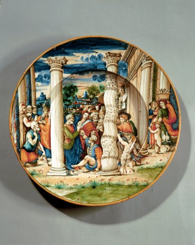 Naczynie przedstawiające św. Piotra i św. Jana uzdrawiających chromego w świątyni, ok. 1540-50 (maiolica) autorstwa Guido Di (workshop of) Merlino