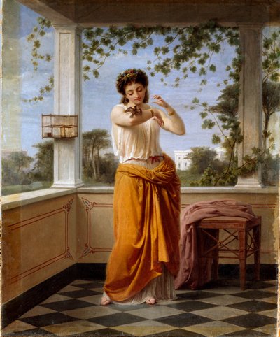 Zbieg Młoda kobieta w neoklasycznym wystroju, z klatki wylatuje mały ptaszek siedzi na ramieniu. Obraz Guido Gonina (1833-1906) wym. 57x47 cm Genes Nervi, Galeria Arte Moderna, nr inw. 102 autorstwa Guido Gonin
