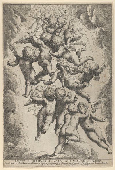 Grupa aniołów obejmująca się w locie, otoczona chmurami, ca. 1607., ok. 1607 r. 1607. autorstwa Guido Reni