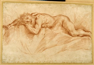 Przerażony nagi mężczyzna, leżący na kamienistej ziemi (czerwona kreda na papierze) autorstwa Guido Reni