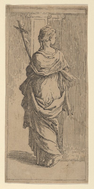 Dziewczyna niosąca krucyfiks i idąca w kierunku pilastra, widziana z tyłu, ok. godz. 1590-1600. autorstwa Guido Reni