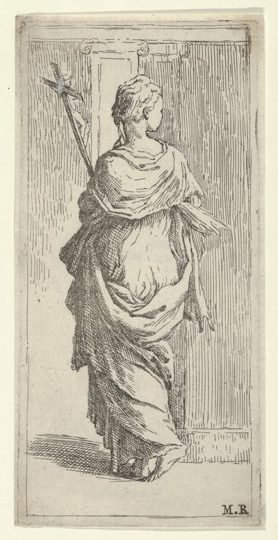 Dziewczyna niosąca krucyfiks i idąca w kierunku pilastra, widziana z tyłu, ok. godz. 1590-1600. autorstwa Guido Reni