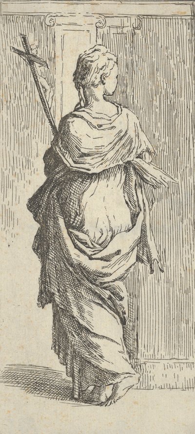 Dziewczyna niosąca krucyfiks i idąca w kierunku pilastra, widziana z tyłu, ok. godz. 15..., ok. godz. 1590-1600. autorstwa Guido Reni