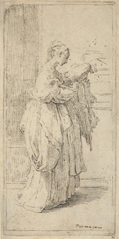 Dziewczyna niosąca poduszkę, widziana z profilu w prawo, 1590-1690. autorstwa Guido Reni