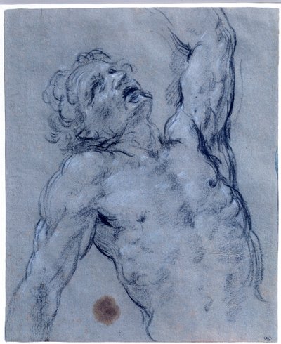 Półpostać nagiego mężczyzny, odwraca się, udając cierpienie Rysunek z czarnego kamienia autorstwa Guido Reni pt. Przewodnik (1573-1642). Słońce 0,26x0,21 m Paryż, musee du Louvre autorstwa Guido Reni