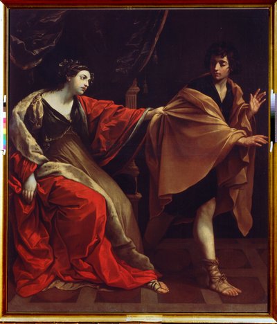 „Żona Józefa i Potyfara” (żona Józefa i Potyfara) Józef ucieka przed żoną Potyfara (Potyfar), próbując go uwieść. Obraz Guido Reni, znany jako Le Guide (1575-1642) 1626 Muzeum Puszkina, Moskwa autorstwa Guido Reni