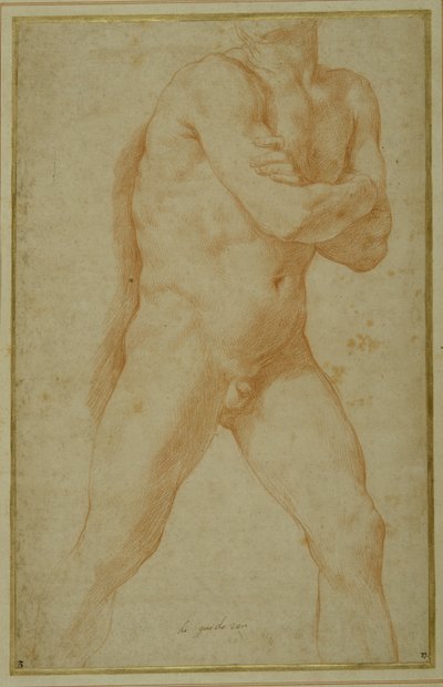 Nagi mężczyzna kroczy naprzód, z założonymi rękami i patrząc przez prawe ramię (czerwona kreda na kremowym papierze) autorstwa Guido Reni