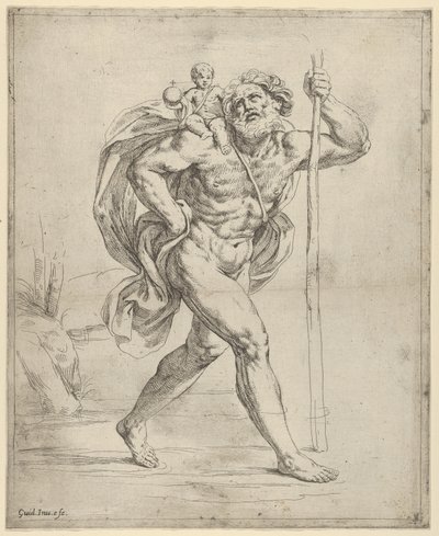 Św. Krzysztof idący z Dzieciątkiem na prawym ramieniu, ca. 1600-1640. autorstwa Guido Reni